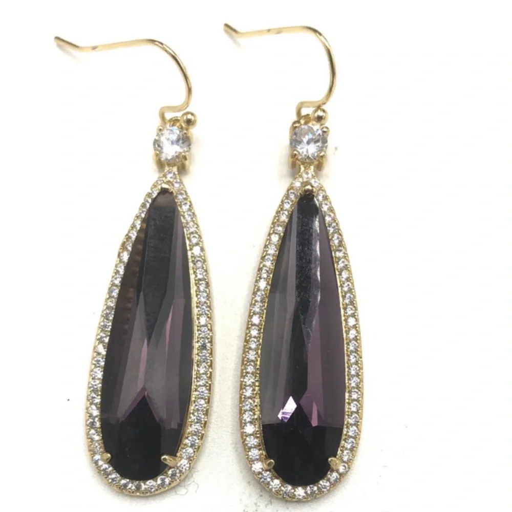 Swarovski Crystal Purple Halo Drop Earrings Gold Overlay